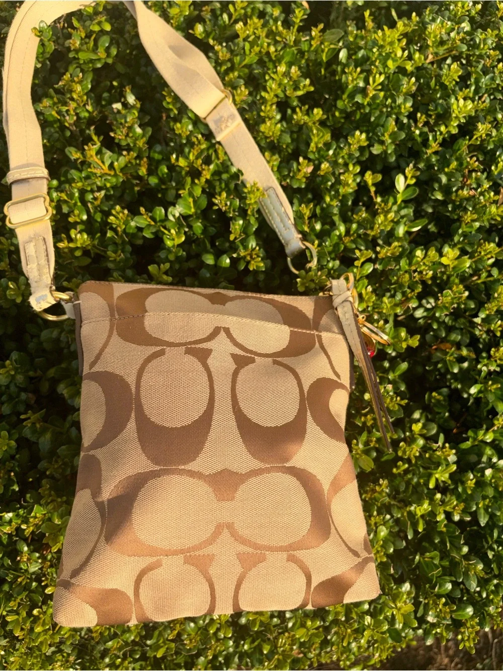 Coach Tan Signature Crossbody Bag with Gold Accents